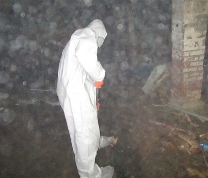 A SERVPRO employee cleaning a sewer backup in full personal protective equipment.